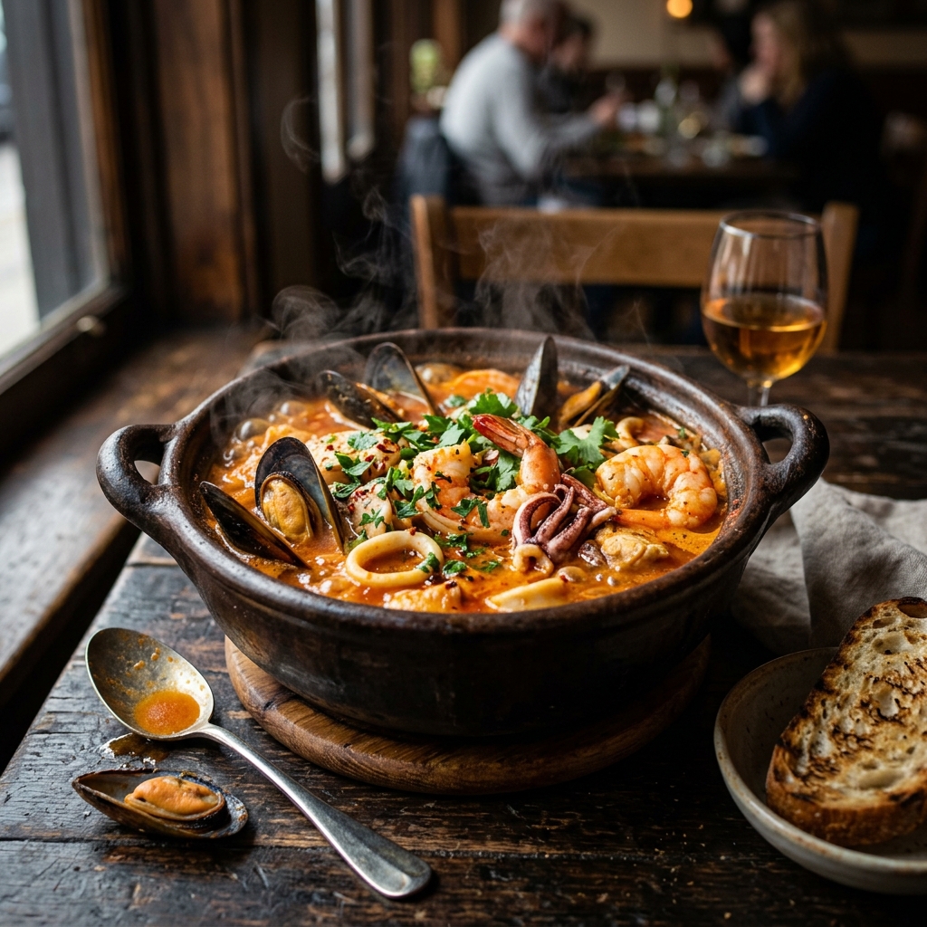Cazuela de mariscos servida en olla de barro