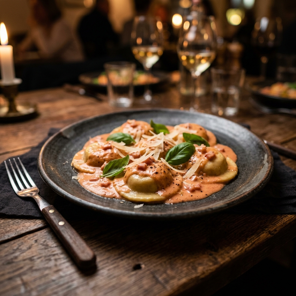 Sorrentinos caseros con salsa rosa